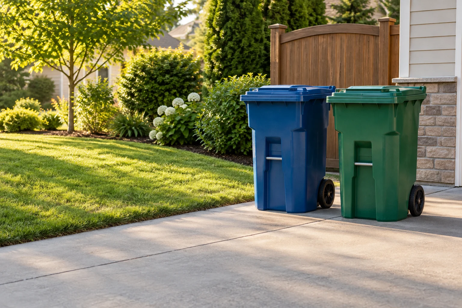 Illustrative image of blue and green containers on a residential driveway