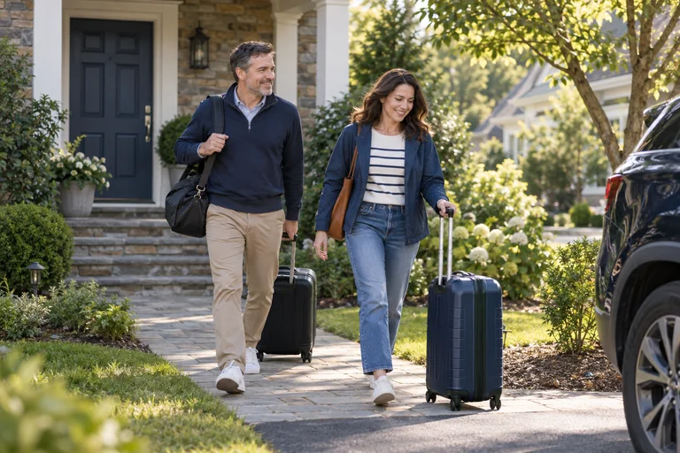 Two adults leaving home with luggage for a trip.