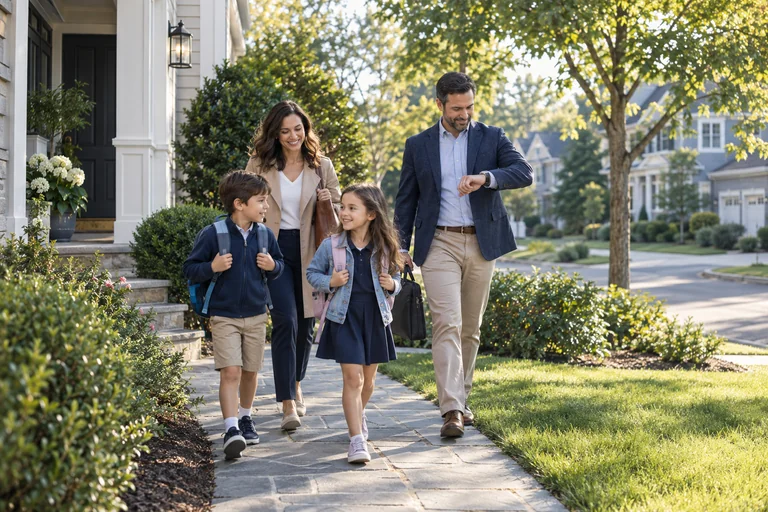 Parents and children heading out together on a busy morning.